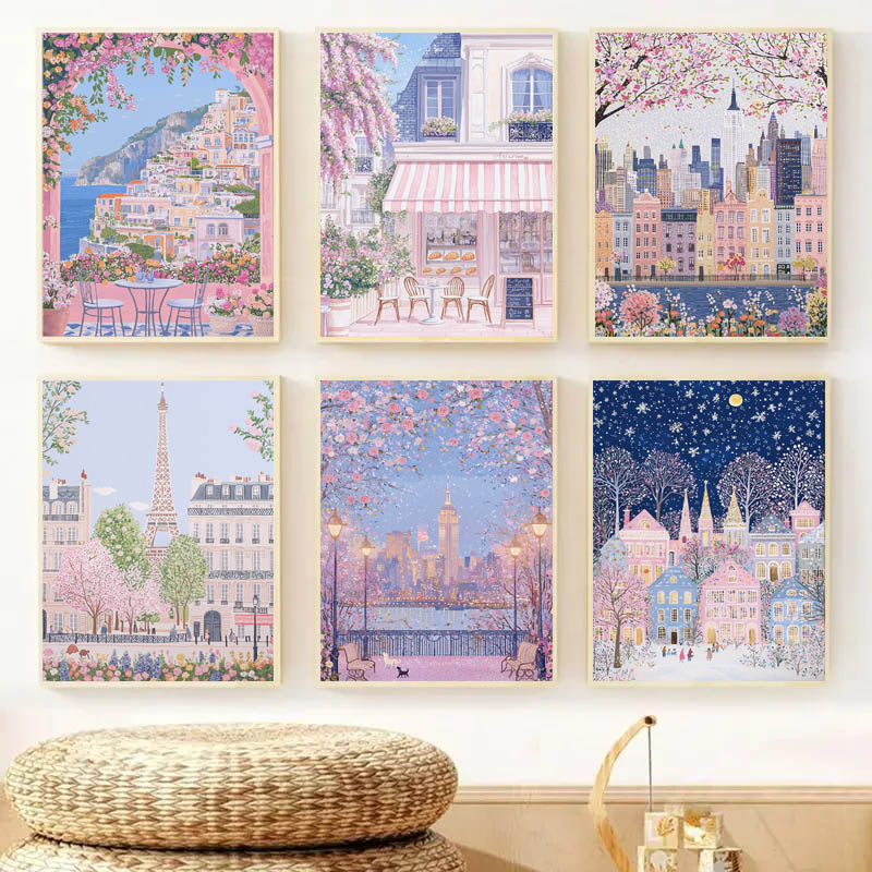 Photography Angle - 1pc Modern Cityscape Travel Mural Pink